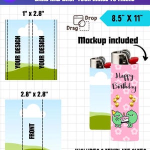 Może przedstawiać: Szablon etykiety na opakowanie zapalniczki z tekstem "Lighter Wrapper label Template" i "Drag and drop your image to frame". Zawiera dwa rozmiary szablonów: 2,54 cm x 7,11 cm i 7,11 cm x 7,11 cm. Makieta zawiera zapalniczkę z motywem "Happy Birthday".