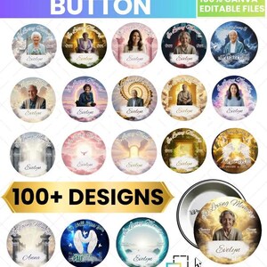 Plantilla de botón conmemorativo en Canva, plantilla de botón funerario, botón "En memoria de", botón con foto "RIP", insignia de recuerdo, pin conmemorativo editable