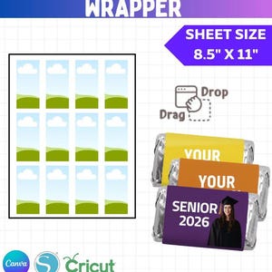 Könnte beinhalten: Ein Bogen mit Mini-Schokoladenverpackungen mit Landschaftsdesign und drei verpackten Pralinen. Die Verpackungen sind gelb, orange und lila, mit dem Text "YOUR" und "SENIOR 2026". Die Blattgröße beträgt 21,6 cm x 27,9 cm.
