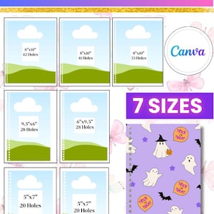May include: A spiral notebook cover digital display featuring the text SPIRAL NOTEBOOK COVER and 7 SIZES. It shows seven layout templates with dimensions like 8x10 inches, 9.5x6 inches, 6x9.5 inches, and 5x7 inches, plus a purple ghost pattern notebook.