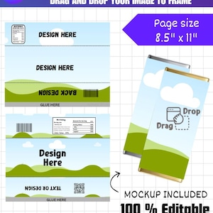 May include: A digital template for a 1.55 oz chocolate bar wrap, featuring a blue sky and green landscape design. The template includes areas labeled "Design Here" and "Glue Here", with a "Birthday" section and a QR code. The page size is 8.5" x 11".