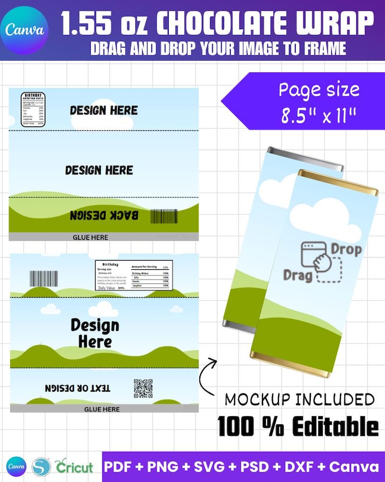 1.55oz Chocolate Bar Wrapper Template, Candy Bar Wrapper Canva, Wrapper ...