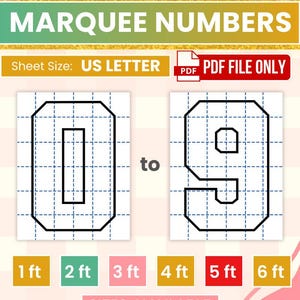 Könnte beinhalten: Eine digitale Vorlage für Leuchtzahlen von 0 bis 9 mit einem Rasterlayout auf US-Letter-Papier. Die Grafik zeigt den Text MARQUEE NUMBERS, PDF FILE ONLY und listet verfügbare Größen von 1 ft bis 6 ft in farbigen rechteckigen Feldern auf.