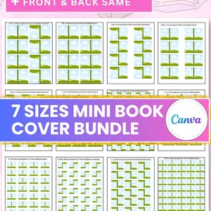 May include: A digital bundle of 7 sizes of mini book cover templates featuring a grid layout of green and white landscape graphics. The text reads FRONT & BACK REVERSED + FRONT & BACK SAME and 7 SIZES MINI BOOK COVER BUNDLE with a Canva logo.