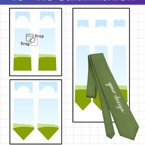 Puede incluir: Una plantilla digital de sublimación de corbata de 19 pulgadas con interfaz de arrastrar y soltar, una corbata verde oliva sólida con el texto your design y etiquetas de formato PDF, PNG, SVG, JPG, DXF y EPS sobre un fondo de cuadrícula.