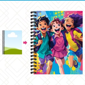 May include: A spiral-bound notebook with a colorful illustration of three children running and laughing. The notebook has a small image of a landscape with a cloud. The text "EXPORT & PRINT INSTANTLY" is at the top.