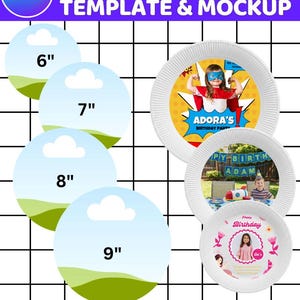 Op de afbeelding: Witte papieren bord sjabloon en mockup met maten van 15 cm, 18 cm, 20 cm en 23 cm. Inclusief borden met verjaardagsfeestontwerpen. Tekst bevat "Adora's Birthday Party" en "Happy Birthday".