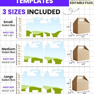 May include: A digital template bundle for gable boxes, including three sizes. The image shows the box templates and assembled boxes with dimensions in inches. The text includes "Instant Download" and "100% Canva Editable Files."