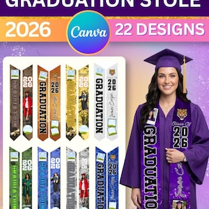 以下が含まれることがあります： GRADUATION STOLE 2026 22 DESIGNSというテキストが記載された卒業用ストールのテンプレートのデジタル表示。画像には、写真、2026年という年号、紫色の卒業ガウンと帽子を着用した人物が描かれた、さまざまな縦型のストールデザインが表示されています。