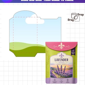 May include: A seed packet template with the text "Seed Packet Template" and "Drag and Drop Your Image to Frame". A lavender seed packet is displayed, featuring a field of lavender and the words "Lavender Seeds". The template includes a design for a seed packet.