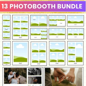 Könnte beinhalten: Ein digitales Fotobox-Vorlagenpaket mit dem Titel Unlimited Creations 13 PHOTOBOOTH BUNDLE. Das Bild zeigt verschiedene Layout-Konfigurationen mit Platzhaltern für 2x6 und 4x6 Zoll Ausdrucke, die grüne Hügel und einen blauen Himmel darstellen.