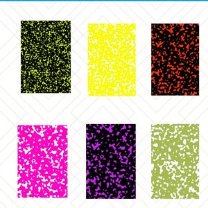 May include: Image featuring six rectangular patterns with a speckled design. The patterns are in various colors, including black and yellow, black and orange, pink and white, black and purple, and green and white. The text "16+ PATTERNS" is at the top.