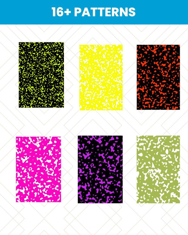 May include: Image featuring six rectangular patterns with a speckled design. The patterns are in various colors, including black and yellow, black and orange, pink and white, black and purple, and green and white. The text "16+ PATTERNS" is at the top.