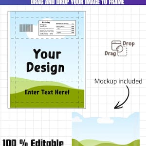 May include: A Rice Krispies template with the text "Rice Krispies Template" and "Drag and Drop Your Image to Frame". The design includes a mockup and the words "Your Design" and "Enter Text Here!". The template is 100% editable.
