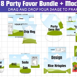 May include: A mockup featuring eight party favor designs, including a Capri Sun, chip bag, water bottle, soda can, party cone hat, chocolate wrap, Rice Krispies, and treat bag toppers. The designs have a sky and grass theme, with text labels.
