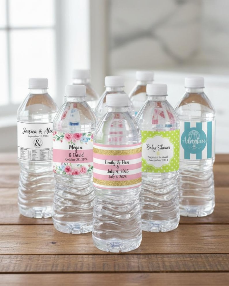 May include: A collection of clear plastic water bottles with custom labels featuring various designs, including floral patterns, pink and gold stripes, green polka dots, and blue stripes with text like Jessica & Alex, Megan & David, and Emily & Ben.