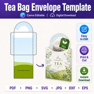 May include: A digital tea bag envelope template featuring a flat layout with dashed fold lines and a finished, assembled envelope decorated with a watercolour landscape, a tea cup illustration, and the text TEA TAKE A MOMENT.