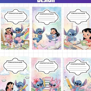 May include: A collection of composition notebook covers featuring the text "22 COMPOSITION NOTEBOOK COVER DESIGN". Each cover showcases colorful illustrations of Stitch and Lilo from the Disney movie Lilo & Stitch, with space for the owner's name.