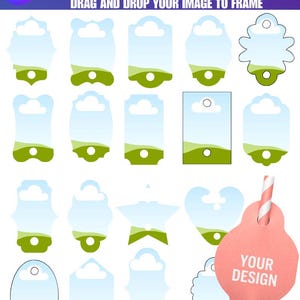 Puede incluir: Imagen que muestra 29 plantillas de etiquetas para pajitas en varias formas, incluyendo rectángulos y diseños de nubes. Cada etiqueta presenta un fondo de cielo azul, un paisaje verde y un círculo blanco. También se incluye una etiqueta rosa con el texto "YOUR DESIGN".