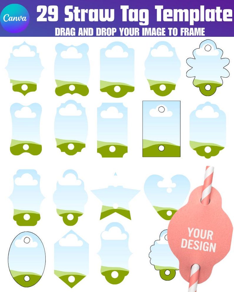 29 Straw Tag Template Bundle Canva Editable, Drink Straw Tag Designs ...