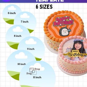 May include: A digital template for round cake toppers featuring six sizes from 6 to 11 inches. The graphic displays circular placeholders with cloud and hill designs, alongside two decorated cakes showing a penguin graphic and a photo.