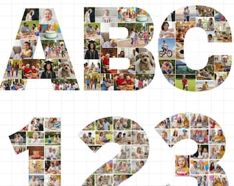 Photo Collage Letters & Numbers Canva Template: Memorial Photo Collage, mom font, Alphabet and Number Photo Collage, birthday collage number