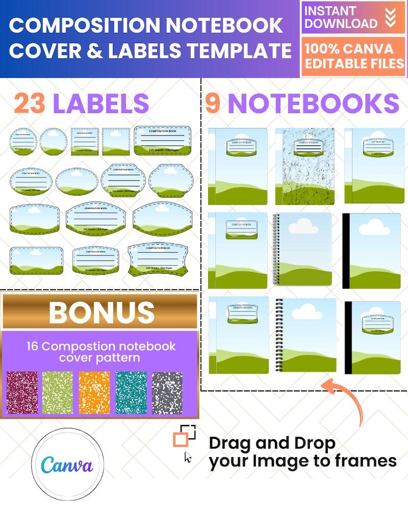 composition notebook cover template, editable notebook cover canva, school notebook cover printable, binder cover template canva, back to school printables, student notebook template, classroom organization printables, homeschool notebook cover, kids school labels printable, planner cover template canva, teacher classroom templates, aesthetic notebook cover, printable school supplies, custom notebook cover design, canva school templates bundle