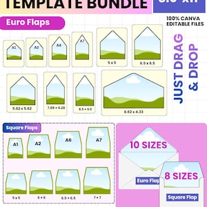 May include: An envelope liner template bundle with various sizes and styles, including Euro and Square Flaps. The sheet size is 8.5" x 11". The design features a sky and grass landscape inside the envelopes. The text says "Just Drag & Drop".