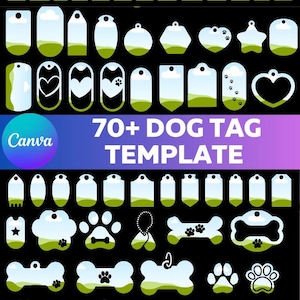 Può includere: Una collezione di oltre 70 modelli di targhette per cani in varie forme, tra cui ossa, cuori e impronte di zampe. Le targhette presentano un design con cielo e paesaggio verde. Il testo "70+ DOG TAG TEMPLATE" è visualizzato su uno sfondo sfumato.