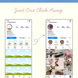 May include: A digital graphic with the text "JUST DRAG & DROP" and "Just One Click Away." Two smartphone screens display Instagram profiles, one with landscape images and the other with lifestyle photos. An arrow connects the two screens.