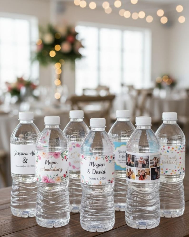 May include: Clear plastic water bottles with white caps and personalized labels. Labels include names, dates, and floral designs, suitable for a wedding or anniversary. The bottles are arranged on a wooden surface, with a blurred background.