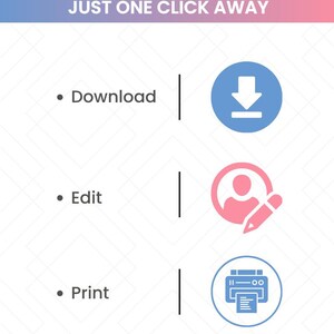 May include: A graphic with the text "UNLIMITED DESIGNS JUST ONE CLICK AWAY." The image features icons for download, edit, and print, each paired with a corresponding symbol in blue and pink.