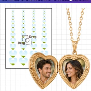 May include: A gold-toned heart locket pendant on a matching chain, shown open to reveal two portrait photos. The image includes a digital template with multiple heart-shaped placeholders and the text Heart locket Template, PDF + PNG + SVG + JPG + DXF + EPS.