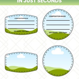 May include: An image with the text "CREATE UNLIMTED DESIGNS IN JUST SECONDS". The image features four composition book designs, two rectangular and two circular, with the text "COMPOSITION BOOK" and "100 Sheets - 200 Pages". The designs have a green and blue landscape.