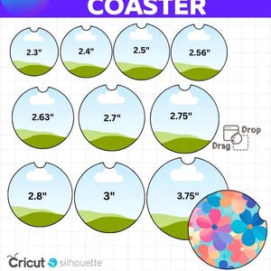 May include: A graphic showing ten car coasters in various sizes, ranging from 2.3 inches to 3.75 inches. The coasters have a landscape design and a floral pattern. Text includes "10 SIZES CAR COASTER" and file type options.