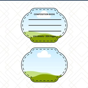 May include: Digital composition book design with the text "INSTANT ACCESS" at the top. The design features two oval-shaped templates with a landscape scene, one labeled "COMPOSITION BOOK" and "100 Sheets - 200 Pages".