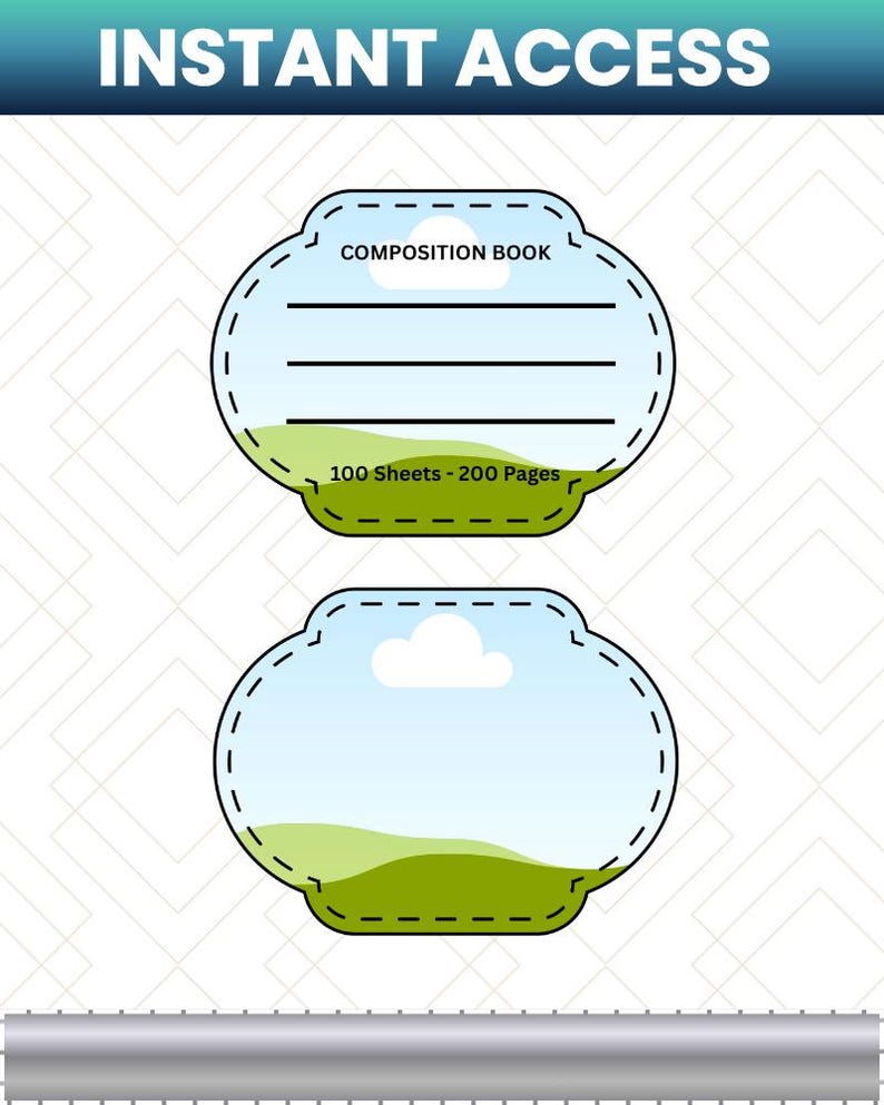 May include: Digital composition book design with the text "INSTANT ACCESS" at the top. The design features two oval-shaped templates with a landscape scene, one labeled "COMPOSITION BOOK" and "100 Sheets - 200 Pages".