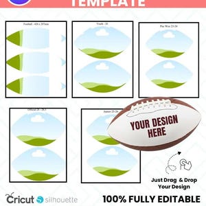 Può includere: Un modello di pannello di calcio con cinque design, ognuno con una forma di calcio e uno sfondo paesaggistico. Un pallone da calcio marrone mostra il testo "YOUR DESIGN HERE". L'immagine include il testo "100% COMPLETAMENTE MODIFICABILE".