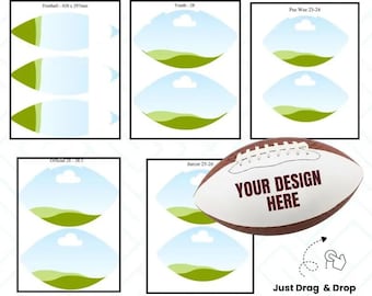 May include: A template for a football panel design, featuring five different football shapes with landscape backgrounds. The text "YOUR DESIGN HERE" is on a brown football. The image includes the text "100% FULLY EDITABLE".