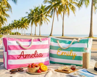 Personalized Striped Beach Tote, Custom Oversized Beach Bag,  Initial Bag, Bachelorette Party Favor, Trip Vacation Bags