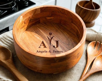 Personalized Acacia Wood Salad Bowl Set, Custom Wooden Serving Bowl with Salad Servers, Wedding Gift, Housewarming Gift, Christmas Gift