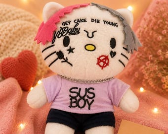 Cute Emo Cat Plush Doll, Pink Gothic Style Stuffed Animal, Kawaii Streetwear Plushie Collectible Gift for Fans & Room Decor