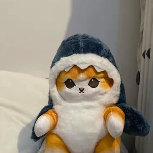 May include: A plush toy cat wearing a blue shark costume. The cat has orange and white fur, with black eyes and a small black nose. The shark costume has a white interior and blue exterior, with fins on the sides.