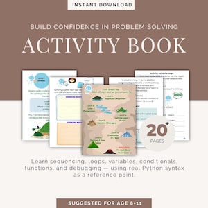 Puede incluir: Un libro de actividades para niños de 8 a 11 años con más de 20 páginas de ejercicios de programación. La portada muestra el texto BUILD CONFIDENCE IN PROBLEM SOLVING ACTIVITY BOOK y un mapa de misiones con niveles sobre secuencias y bucles.