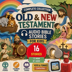 May include: A collection of Old & New Testament audio bible stories for kids featuring 16 stories and 1.5 hours of audio. The cover art displays biblical scenes with characters, a rainbow, and a Yoto and Tonies compatible audio player.