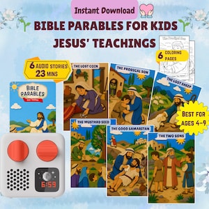 Könnte beinhalten: Eine Sammlung von Bibel-Gleichnissen für Kinder, die die Lehren Jesu behandeln. Das Bild zeigt illustrierte Geschichtenkarten, Malvorlagen und eine weiße Uhr mit orangefarbenen Knöpfen. Der Text weist auf 6 Hörgeschichten hin, für Kinder im Alter von 4-9 Jahren.