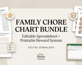 Family Chore Chart Bundle Google Sheets | Kids Reward System Printable | The House Game Editable Chore Tracker for Children