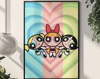 Powerpuff Girls Cartoon Poster | Cartoon Network Superhero Wall Art | Bold Cute Aesthetic Print | Iconic Blossom Bubbles Buttercup Decor