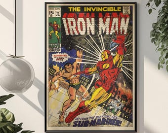 Iron Man Retro Poster | Vintage Marvel Tony Stark Comic Wall Art | Bold Armored Aesthetic Print | Genius Billionaire Fan Gift Room Decor