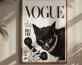 Modeaffisch med svart katt | Väggkonsttryck i vogue-stil | Estetisk dekor i Paris | Chic tidskriftsomslagskonst | Uttalande om kattälskare